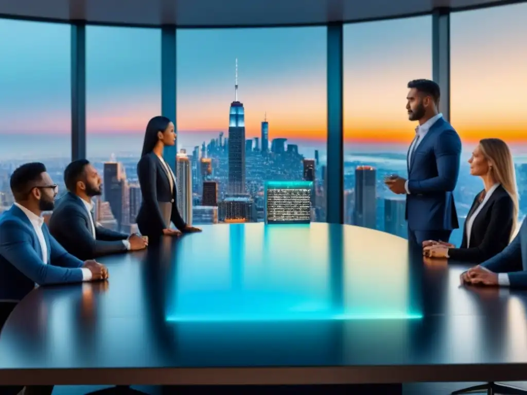 Inversores analizan holograma inmobiliario futurista en oficina moderna Inversionistas crowdfunding inmobiliario perfiles analizan proyecto futurista en moderna sala de juntas con vista a la ciudad al atardecer