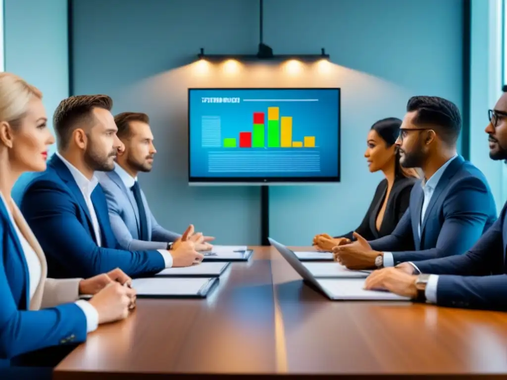 Inversores analizando préstamos hipotecarios en sala moderna Inversionistas diversificados en una sala de juntas moderna, discutiendo sobre préstamos hipotecarios, con gráficos y laptops