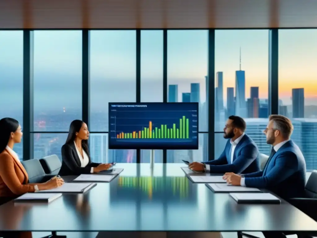 Inversores inmobiliarios analizan gráficos financieros en moderna sala de juntas con vista panorámica de la ciudad Inversionistas analizando gráficos financieros en moderna sala de juntas con vista a la ciudad