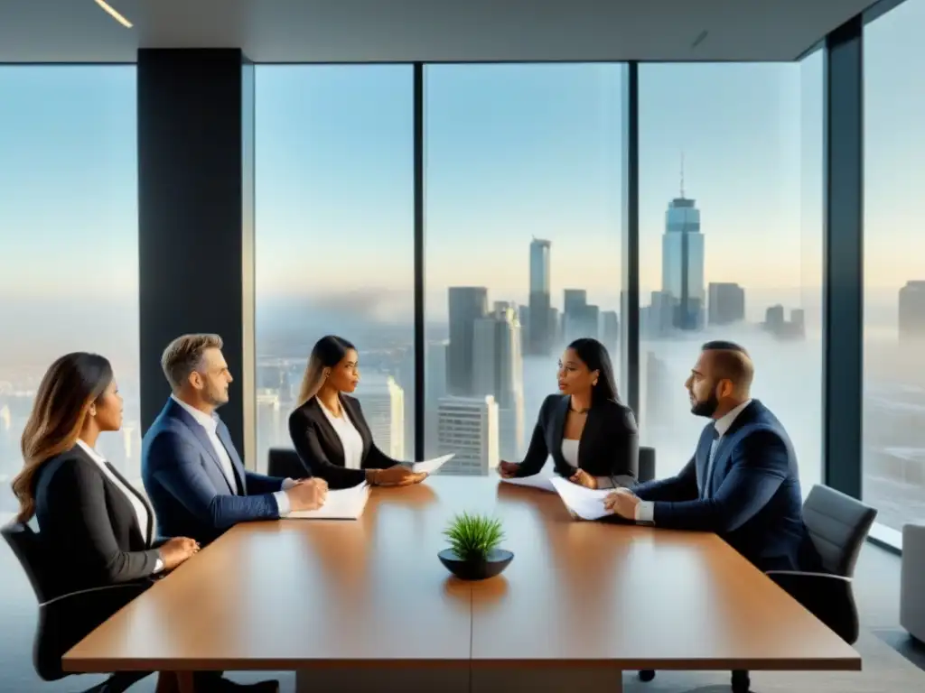 Inversores de bienes raíces en reunión de alto impacto Inversionistas inmobiliarios discuten estrategias en moderna oficina de alto nivel con vista a la ciudad