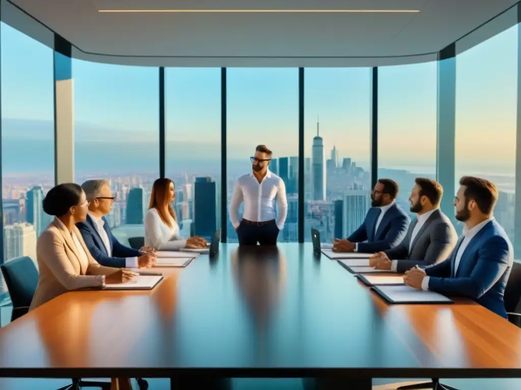 Inversionistas inmobiliarios debaten estrategias en moderno salón con vista a la ciudad