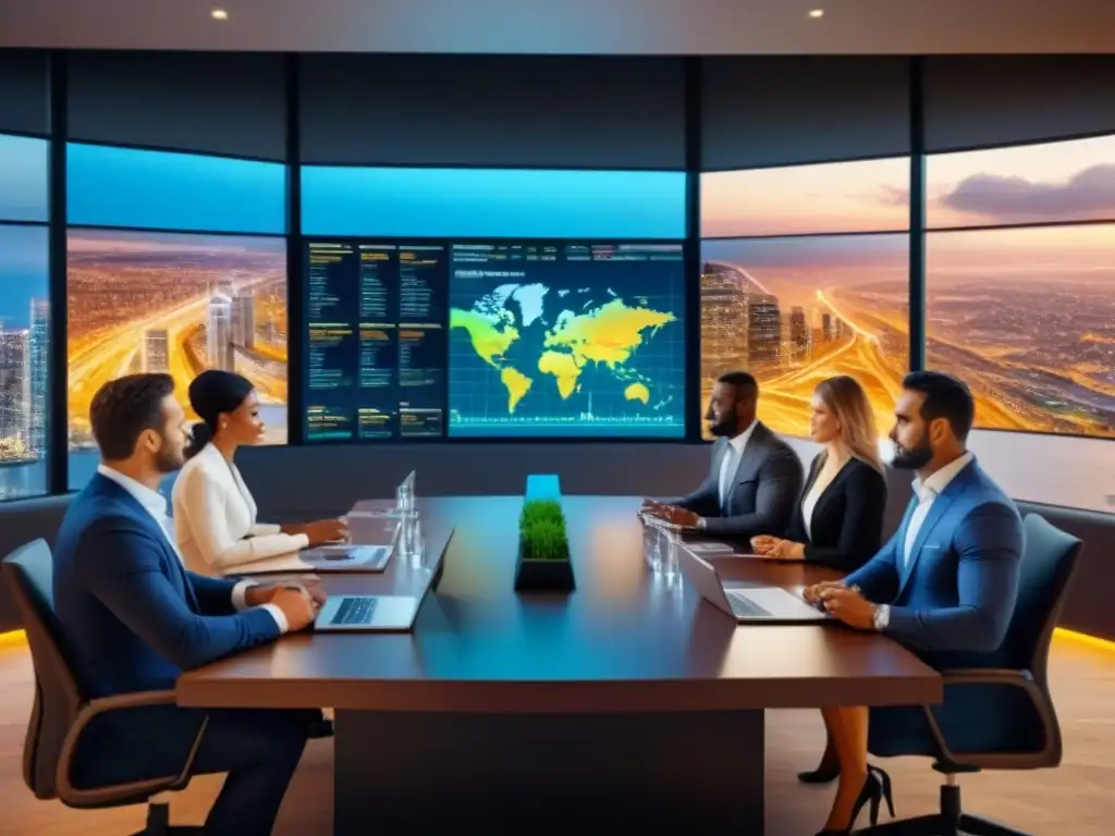 Inversores inmobiliarios expertos en reunión global Inversionistas inmobiliarios gestionan eficientemente riesgos en la moderna sala de juntas