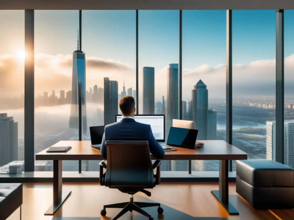 Un inversor estratégico revisando informes financieros en una oficina moderna de lujo con vistas a la ciudad