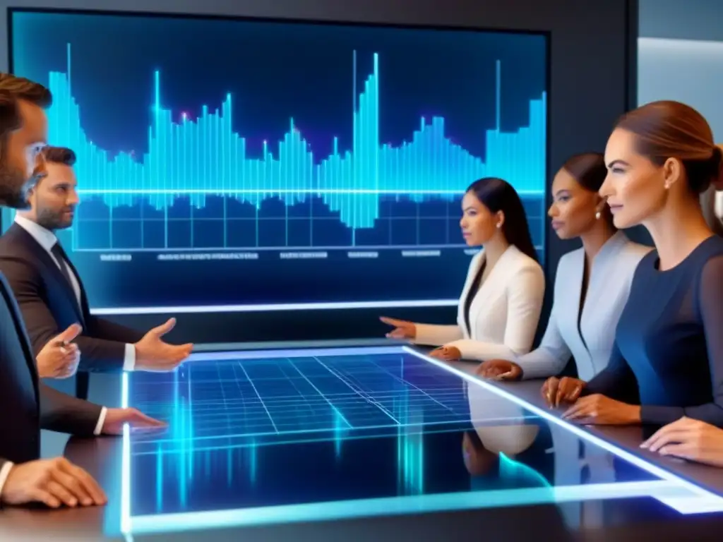 Inversores inmobiliarios analizan datos en holograma 8k Inversores de crowdfunding inmobiliario analizando datos en holograma