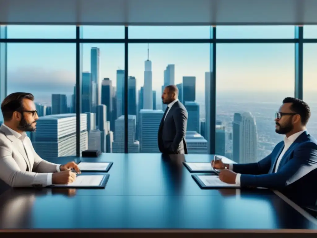 Inversionistas analizan mercado inmobiliario: enfoque y determinación Inversores analizan datos de préstamos inmobiliarios postcrisis en moderna sala de juntas con alta tecnología y vista a la ciudad