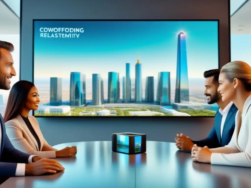 Inversores entusiastas: real estate crowdfunding futurista en 8k Inversores diversificados discuten estrategias frente a holograma de crowdfunding inmobiliario en moderna sala de reuniones