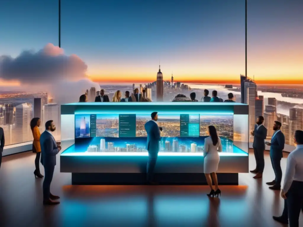Inversores diversos analizan propiedades en holograma Inversores diversos se unen en oficina futurista, viendo propiedades para diversificación portafolio propiedades inmobiliarias