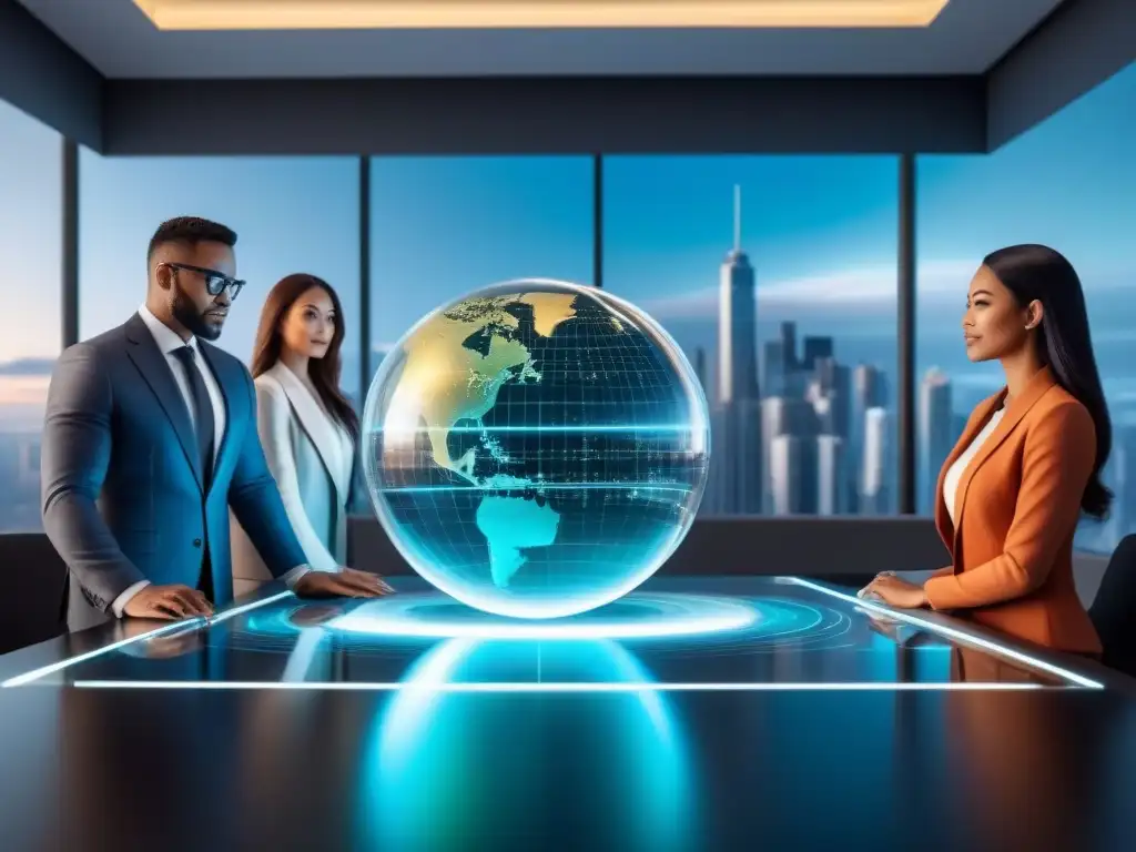 Inversores analizan propiedad holográfica con detalle Inversores diversos observando una transacción inmobiliaria en holograma, destacando la transparencia en préstamos inmobiliarios