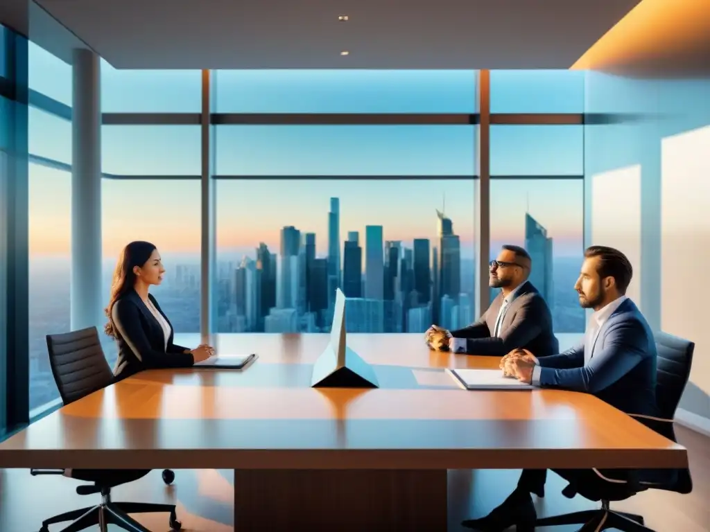 Inversores inmobiliarios analizan datos en sala moderna Inversores estudian documentos financieros en moderno salón de reuniones