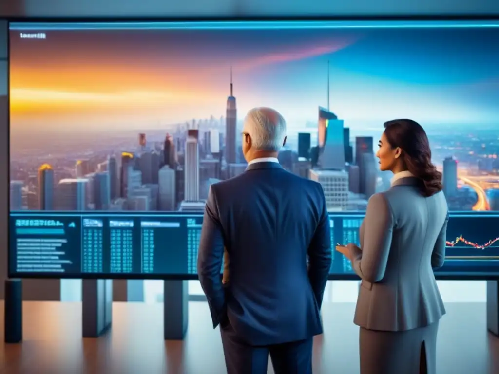 Inversores de todas las edades frente a gráficos financieros en un entorno moderno con vistas a la ciudad