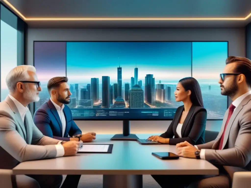 Inversores analizan propiedades en holograma futurista Inversores de todas las edades colaboran en una sala futurista; ventajas crowdfunding inmobiliario economía