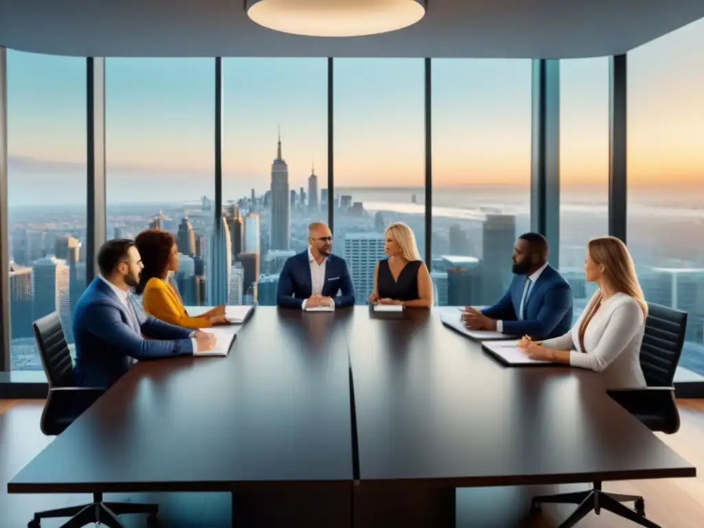 Inversores inmobiliarios colaborando en moderna oficina Inversores enfocados revisan documentos en elegante oficina, colaborando y planificando estrategias