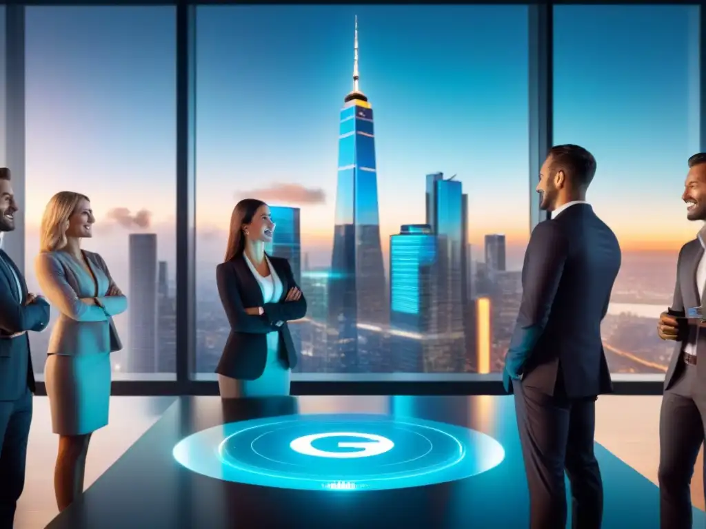 Inversores entusiastas exploran propiedades con hologramas futuristas Inversores entusiastas explorando propiedades en holograma en una oficina moderna