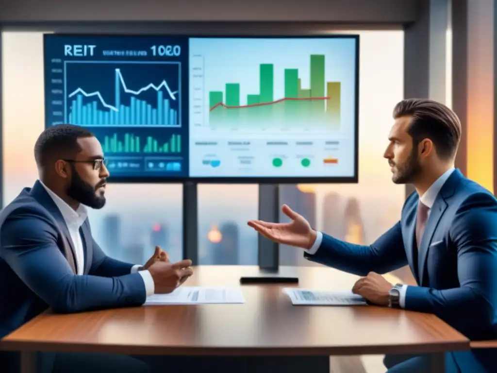 Inversores debatiendo estrategias de inversión en REITs Inversores evitan errores comunes al invertir en REITs, discusión profesional y educativa