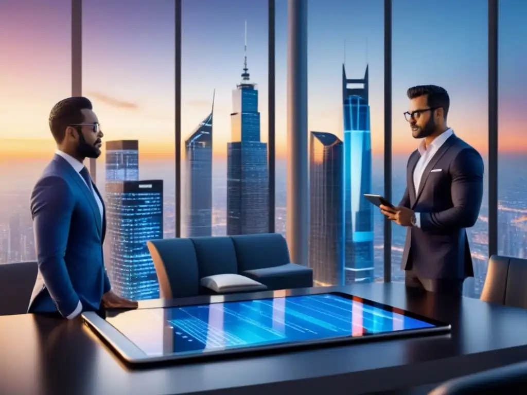 Inversores analizan mercado inmobiliario en ciudad futurista Inversores discuten estrategias en ciudad futurista al atardecer, aprovechando ciclos inmobiliarios