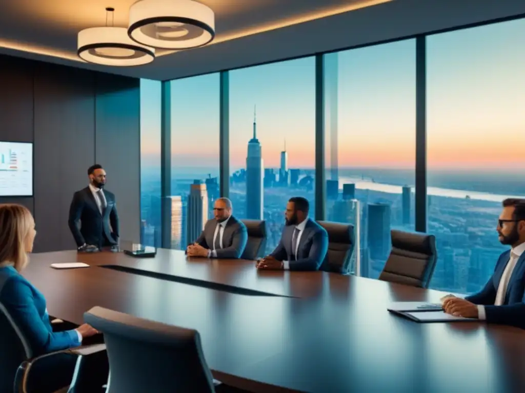Inversores inmobiliarios estratégicos en sala de juntas de lujo Inversores discuten estrategias inversión corto plazo inmobiliario en moderna sala de juntas con vista a la ciudad
