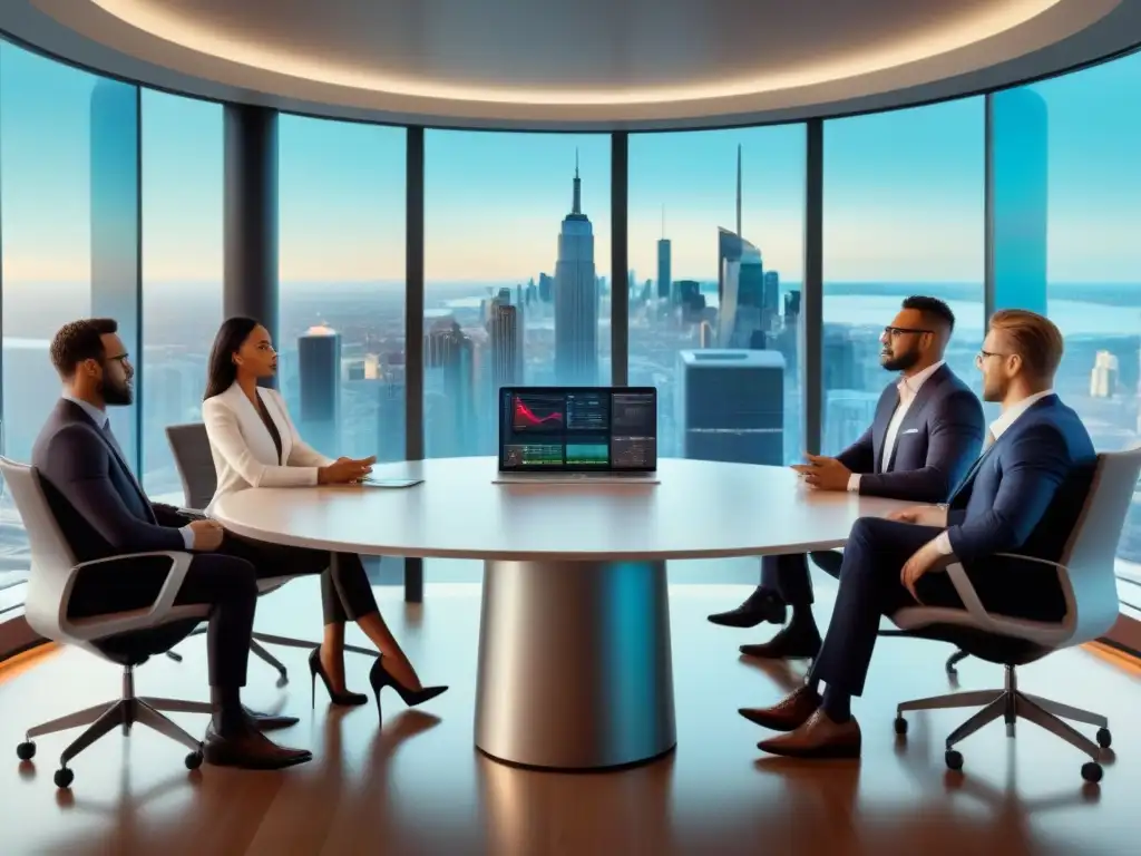 Inversores innovadores debatiendo estrategias financieras en sala futurista Inversores debatiendo estrategias financieras en una sala de juntas moderna con vistas a la ciudad
