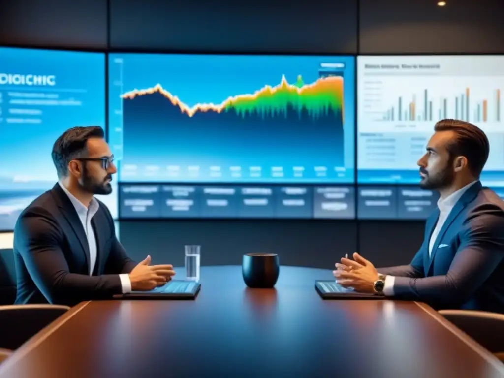 Inversores globales debaten estrategias inmobiliarias en sala moderna Inversores debatiendo estrategias inversión inmobiliaria global en sala moderna con datos en pantalla
