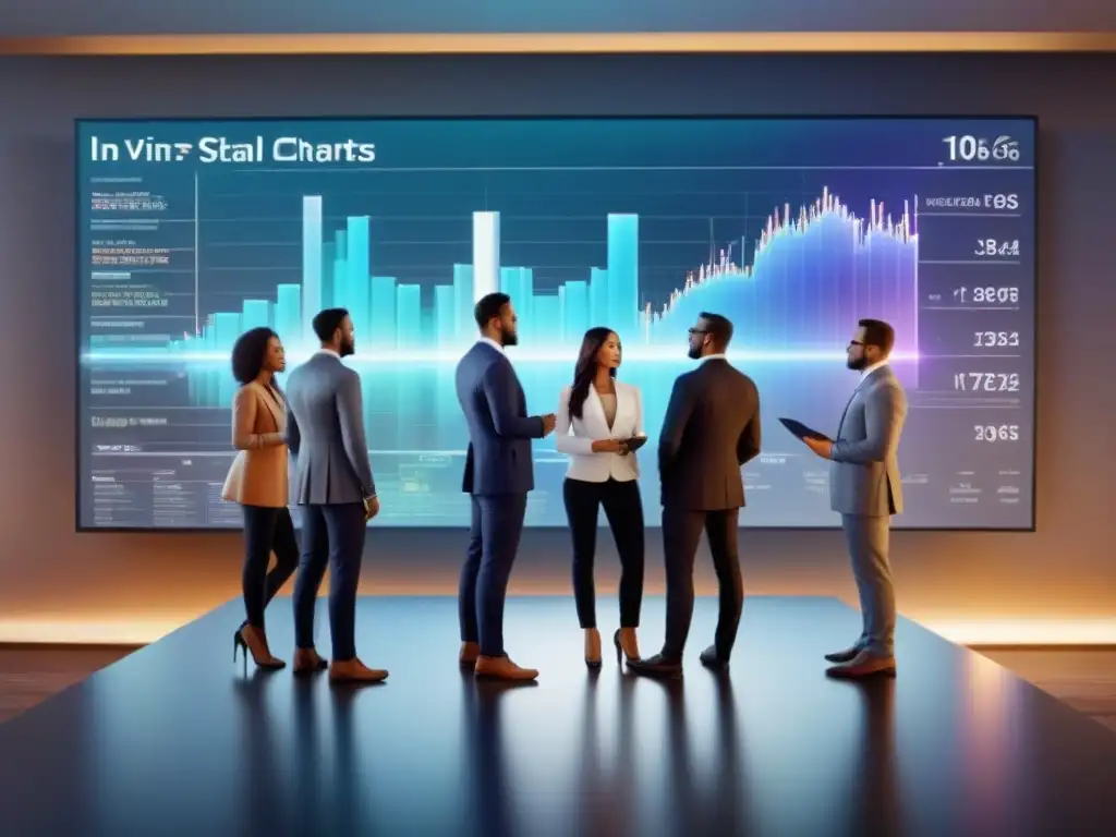 Inversores analizan gráfico holográfico en reunión futurista Inversores colaboran en gráfico holográfico, destacando beneficios de sindicación inmobiliaria para pequeños y grandes inversores