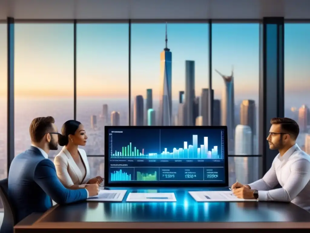 Inversores analizan gráficos de crowdfunding inmobiliario en hologramas futuristas Inversores estudian gráficos de crowdfunding inmobiliario en hologramas futuristas, reflejando estrategia y diversificación