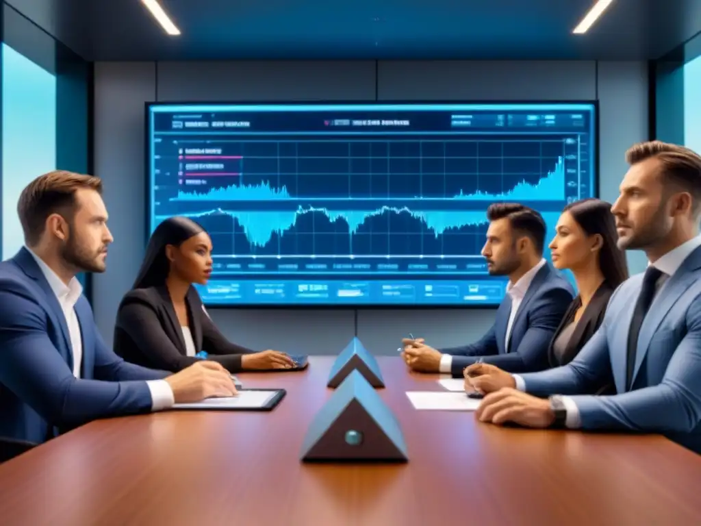 Inversores analizan gráficos financieros en una sala futurista