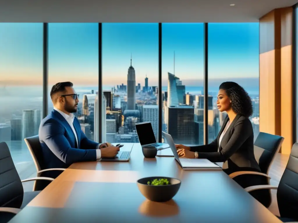 Inversionistas inmobiliarios analizan datos en moderna oficina urbana Inversores inmobiliarios analizan datos de mercado en oficina moderna con vista urbana