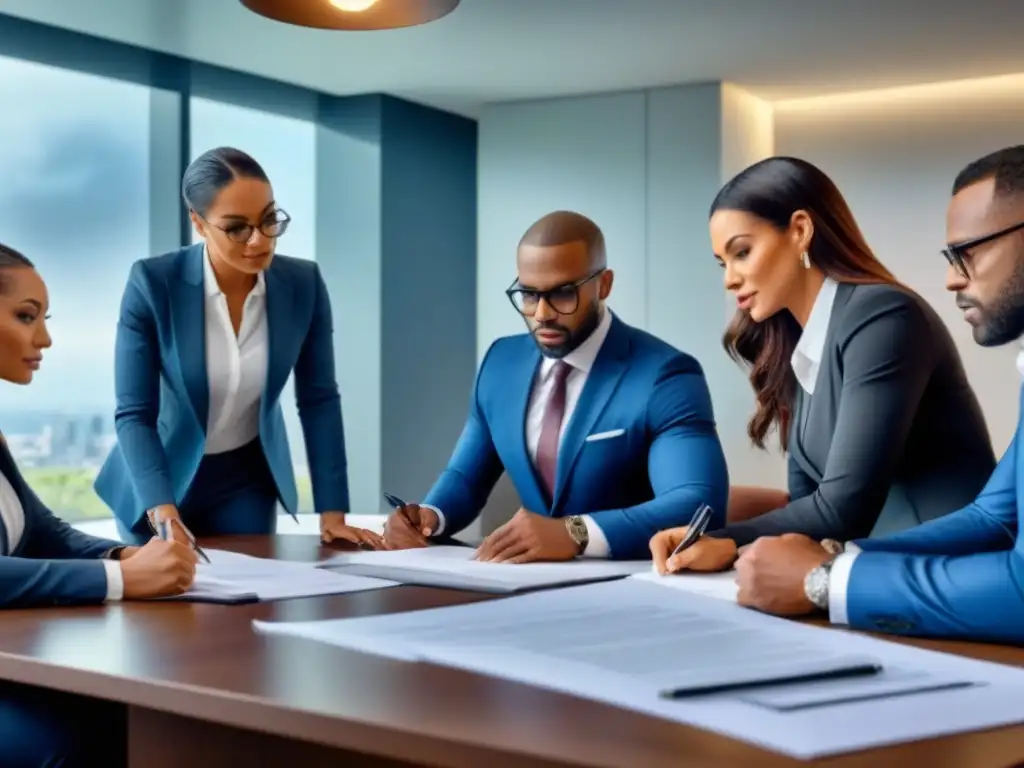 Inversionistas inmobiliarios firmando contratos con abogado Inversores inmobiliarios firmando documentos con abogado