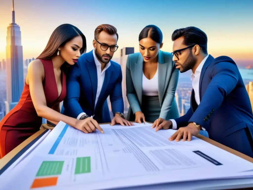Inversionistas y compradores de bienes raíces en discusión detallada Inversores inmobiliarios examinan documentos legales y planos arquitectónicos en una ilustración digital detallada, rodeados de una ciudad bulliciosa