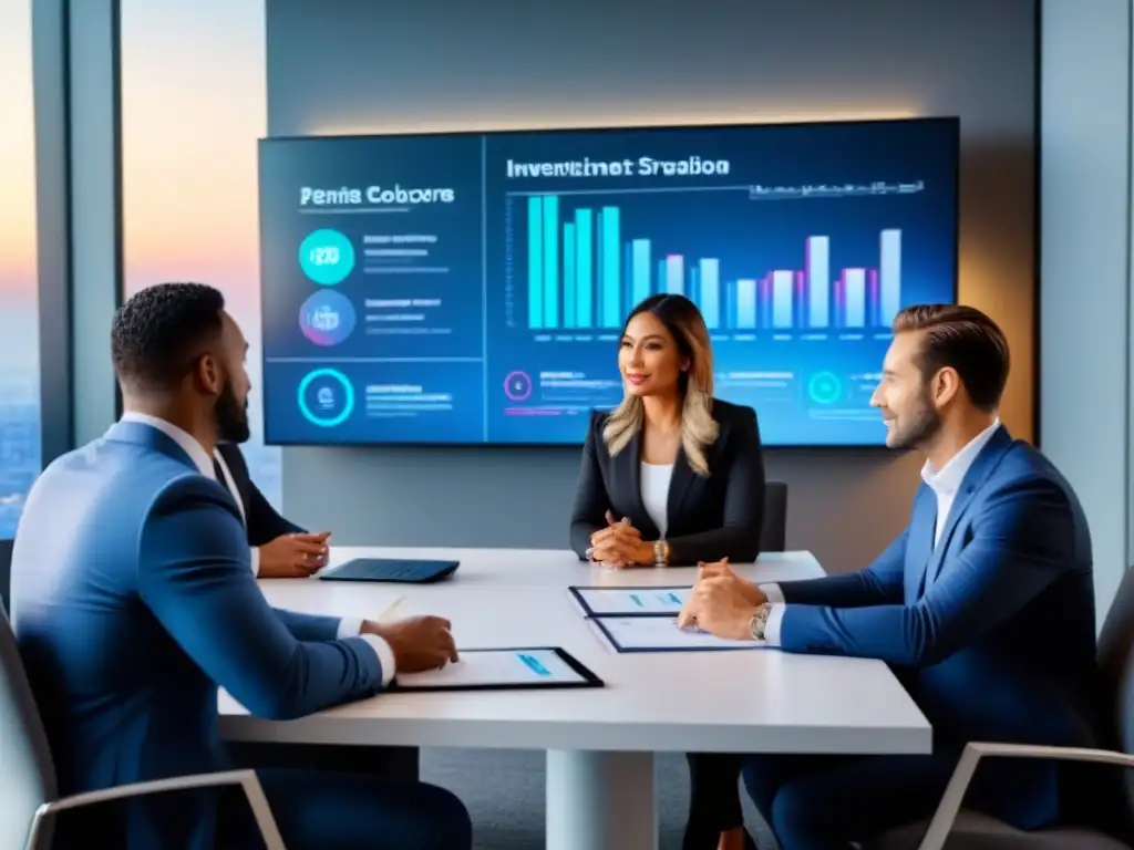 Inversores inmobiliarios discuten estrategias de inversión en una sala de juntas moderna, con gráficos en pantalla digital