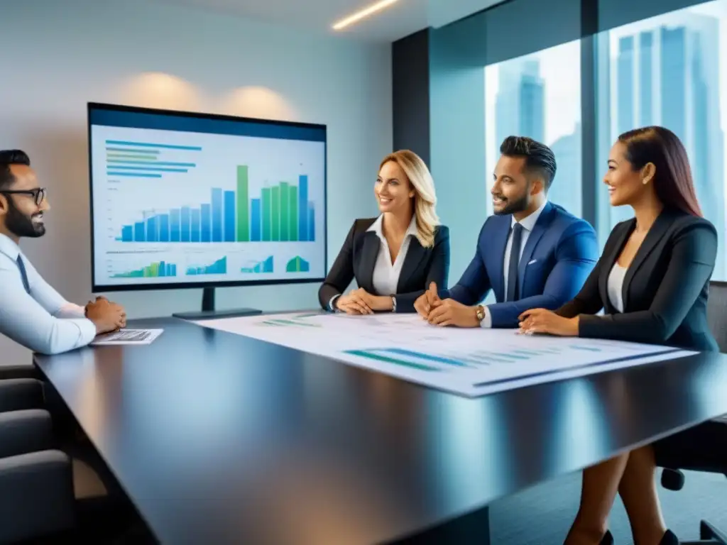 Inversores inmobiliarios debatiendo estrategias de crecimiento Inversores inmobiliarios discuten estrategias en sala de juntas moderna