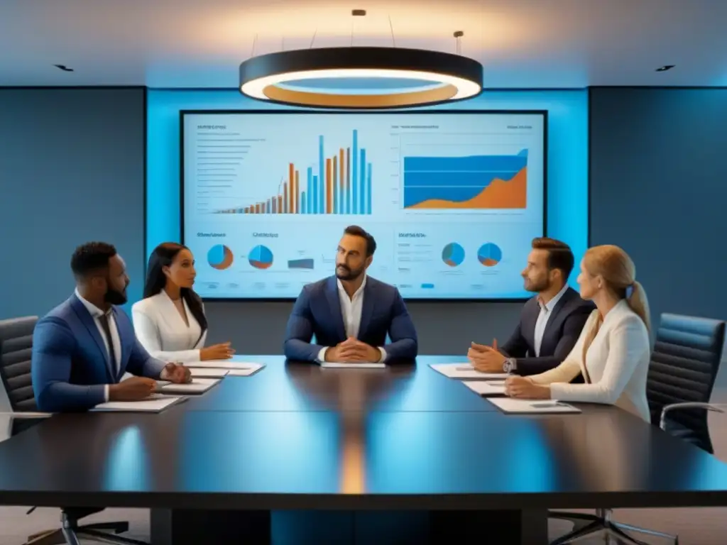 Inversores inmobiliarios en sala de juntas moderna Inversores inmobiliarios de diversas etnias y géneros en una sala de juntas moderna, discutiendo con planos y gráficos financieros