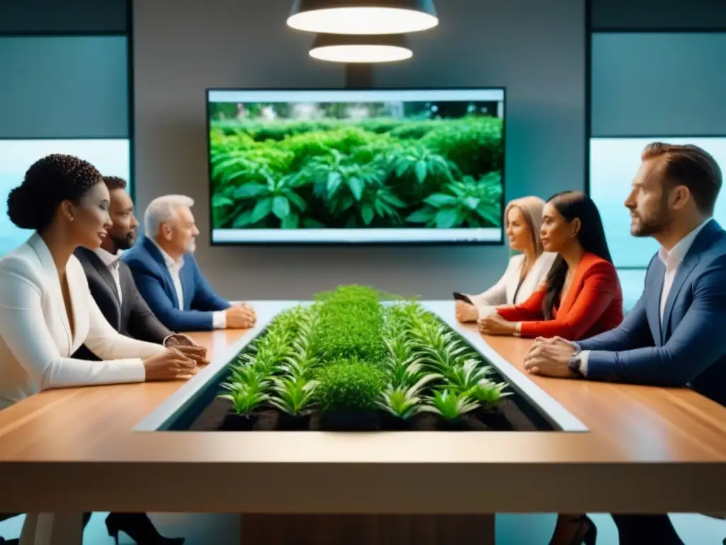 Reunión de inversores inmobiliarios profesionales en sala eco amigable Inversores inmobiliarios revisando financiamiento verde, en una sala moderna y sostenible con plantas y tecnología