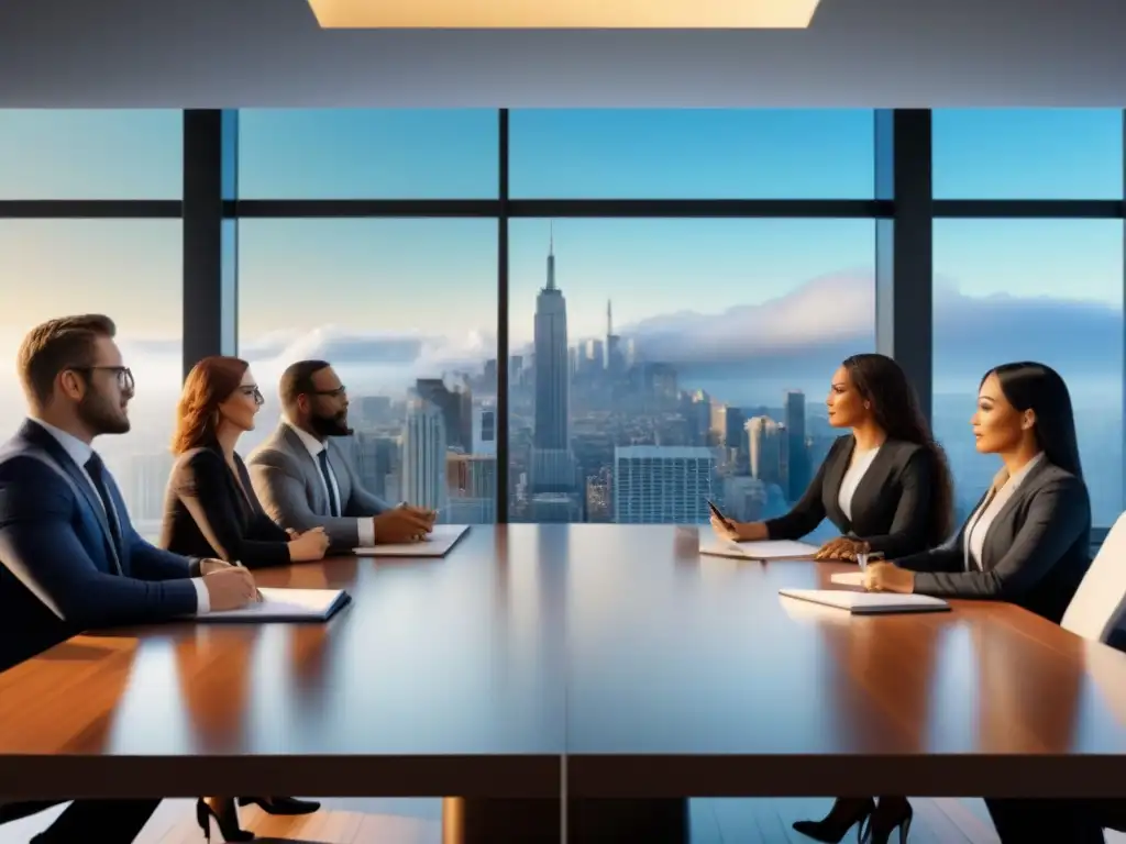 Inversores inmobiliarios diversificados discuten regulaciones locales en moderna sala de juntas Inversores inmobiliarios analizan normativa local en sala de juntas moderna