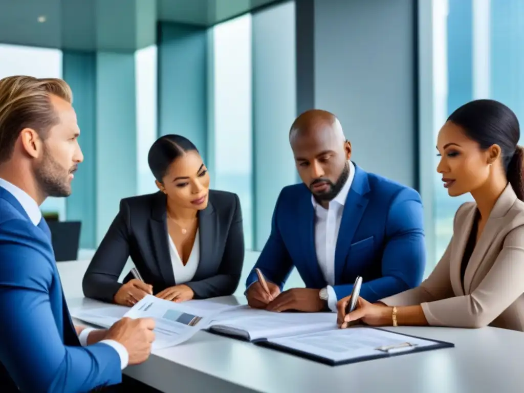 Inversionistas inmobiliarios revisan pólizas de seguro en oficina moderna Inversores inmobiliarios analizando pólizas de seguro en oficina moderna