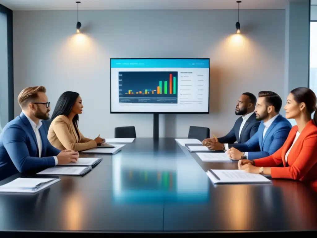 Inversores inmobiliarios revisando préstamos hipotecarios en moderna oficina luminosa