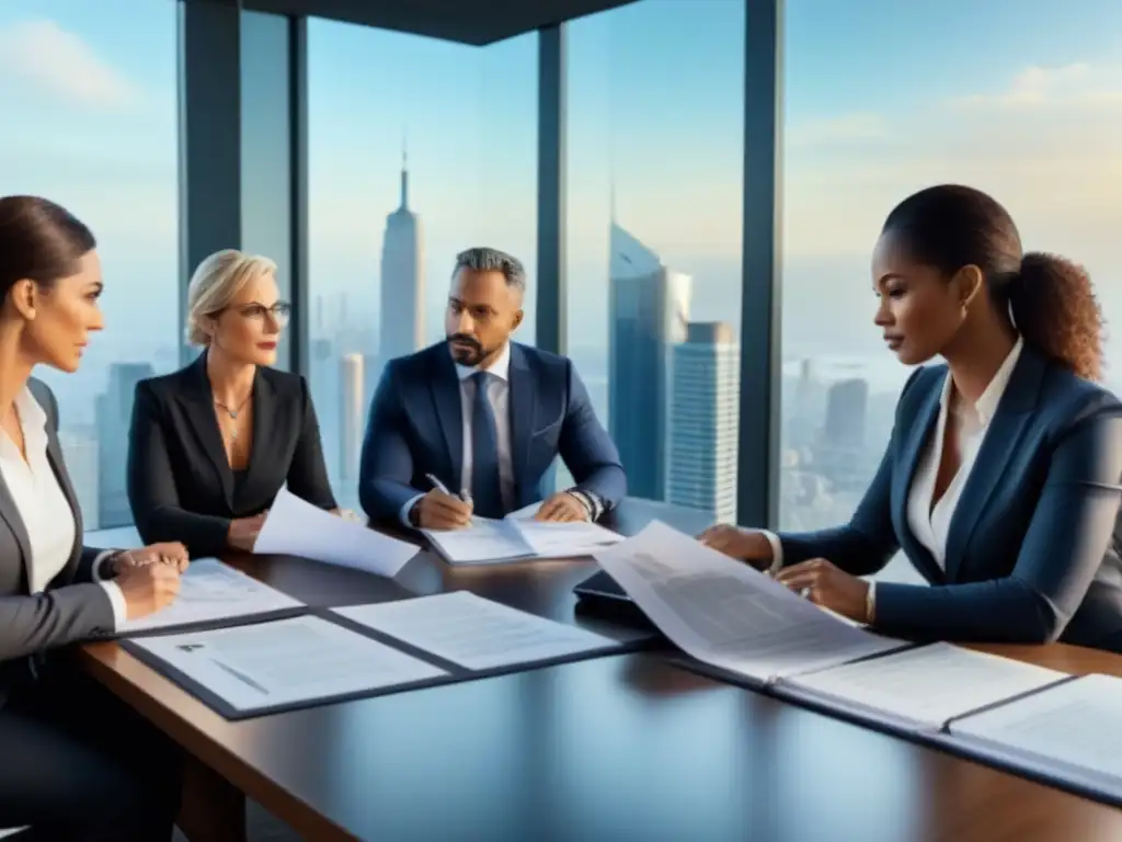 Inversionistas inmobiliarios analizando documentos en sala moderna Inversores inmobiliarios analizan seguros y estrategias en una sala moderna con vista a la ciudad