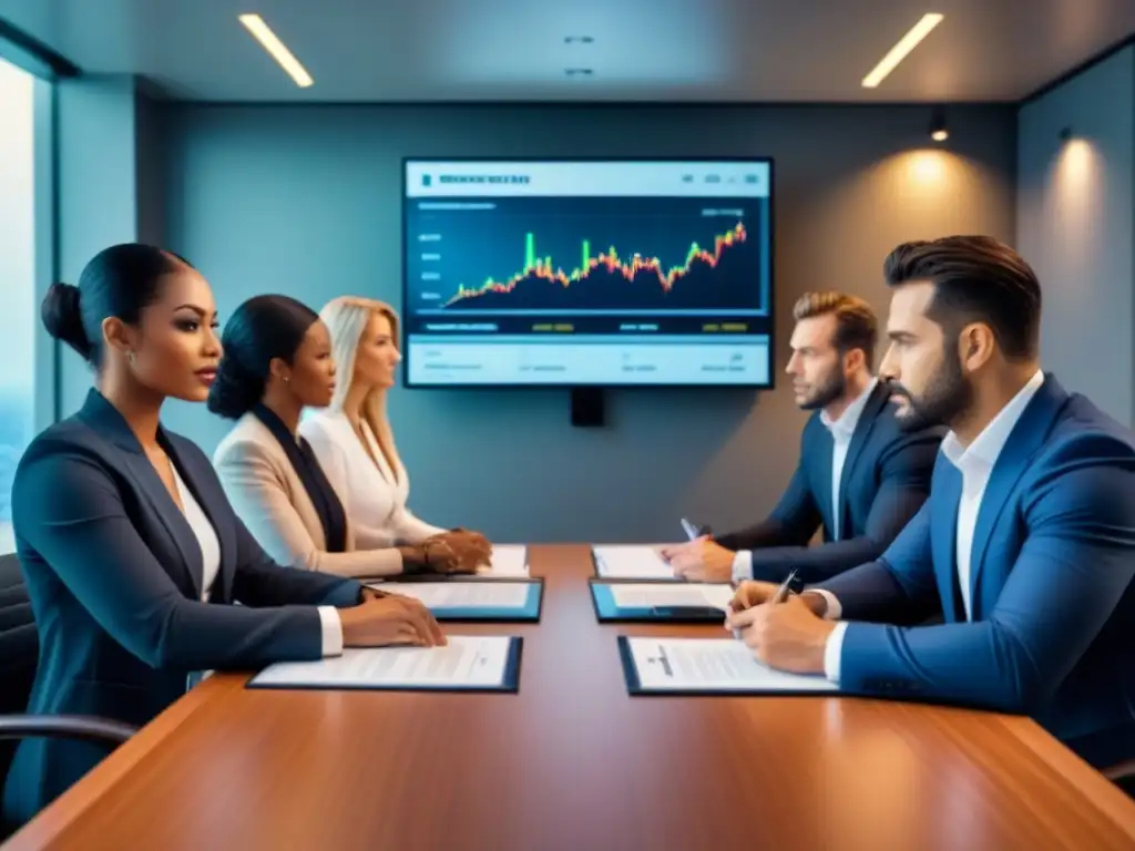 Inversores inmobiliarios analizan contratos en sala futurista Inversores inmobiliarios serios discuten contratos en una sala de reuniones futurista con la Ley Hipotecaria en pantalla