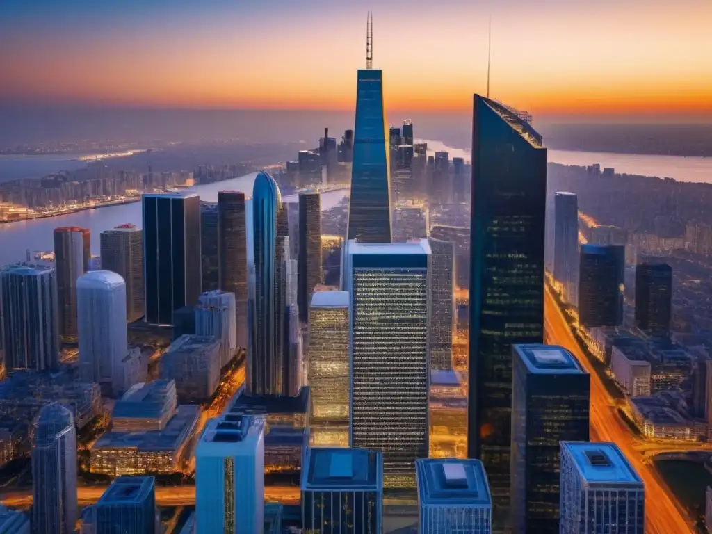 Oportunidades de inversión inmobiliaria: skyline urbano al atardecer Inversores internacionales colaborando en ciclo inmobiliario vibrante de una ciudad al atardecer