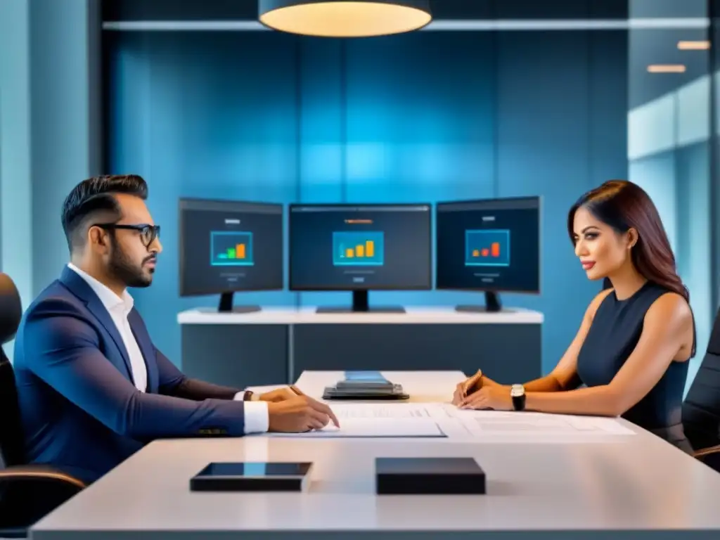 Inversores analizan documentos inmobiliarios en moderna oficina de colaboración Inversores colaborando en moderna oficina: análisis de documentos e planos arquitectónicos