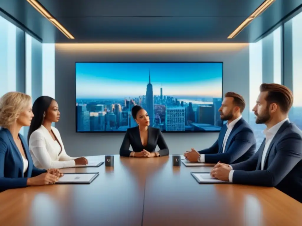Inversores expertos debaten estrategias inmobiliarias en sala de juntas moderna con vista a la ciudad Inversores colaboran en moderna sala de juntas, con vista a la ciudad, discutiendo estrategias de inversión inmobiliaria