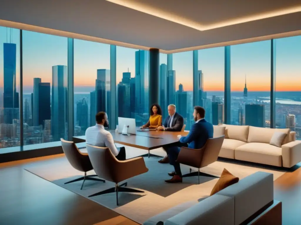 Inversores inmobiliarios analizan estrategias en moderno salón con skyline Inversores analizando planos y estrategias en moderna sala de juntas con vista a la ciudad