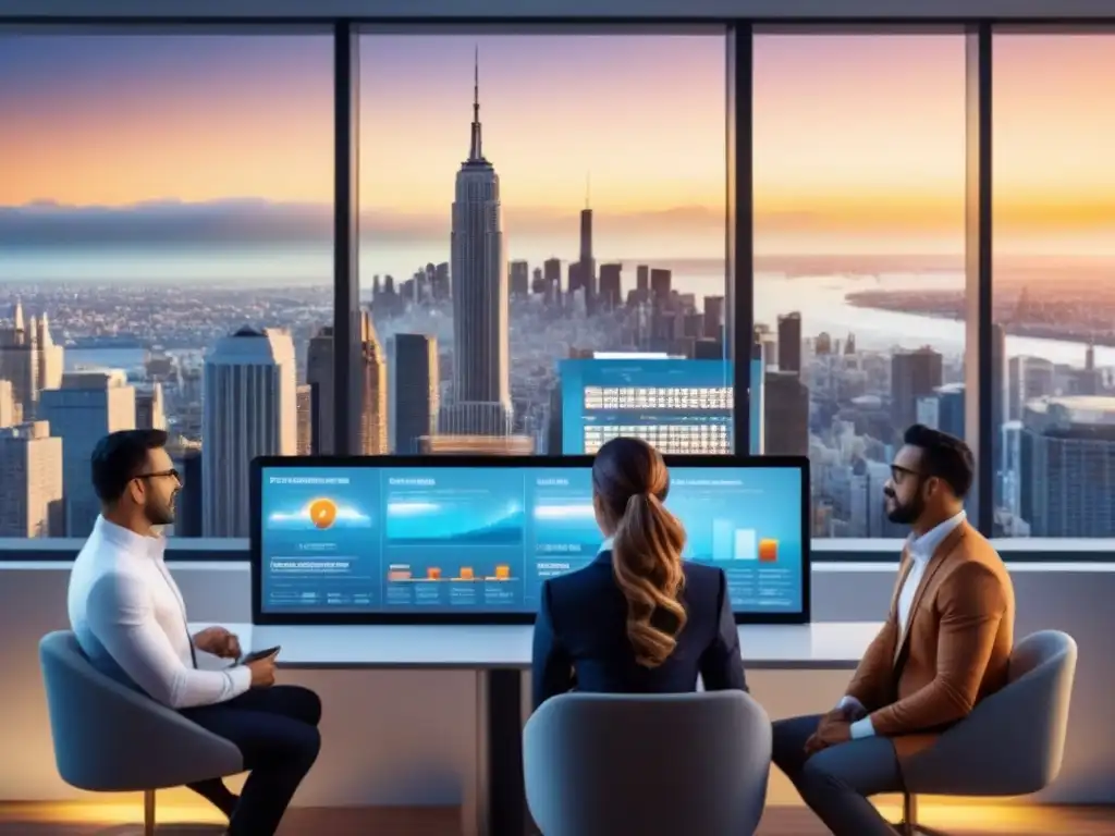 Inversores diversificados en plataforma de crowdfunding inmobiliario Inversores interactúan en plataforma crowdfunding de propiedades con gráficos financieros y listados inmobiliarios, en ciudad futurista