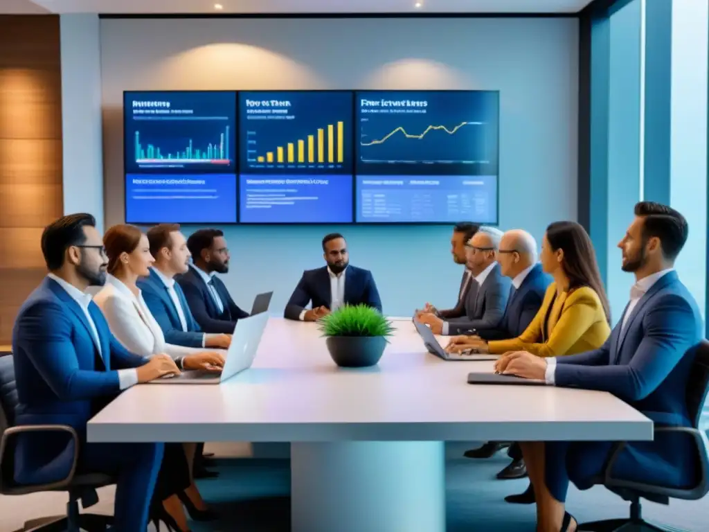 Inversores profesionales diversificados debaten sobre REITs en una sala moderna