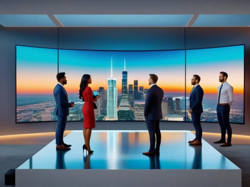 Inversores analizan propiedades virtuales en sala de juntas futurista Inversores analizan propiedades virtuales en sala futurista con vistas nocturnas de la ciudad