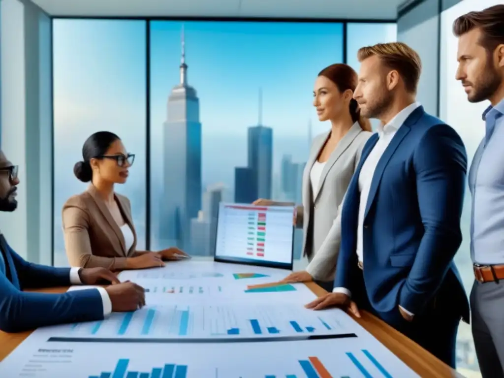 Inversores exitosos debatiendo estrategias en sala con vista panorámica Inversores colaborando en una sala de juntas moderna, estrategizando con gráficos