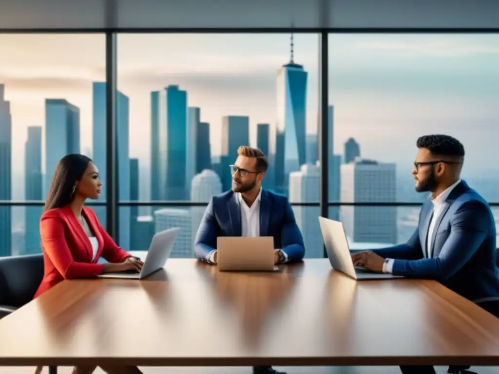 Inversores inmobiliarios debatiendo seguros en oficina moderna Inversores discutiendo seguros de propiedad en oficina moderna