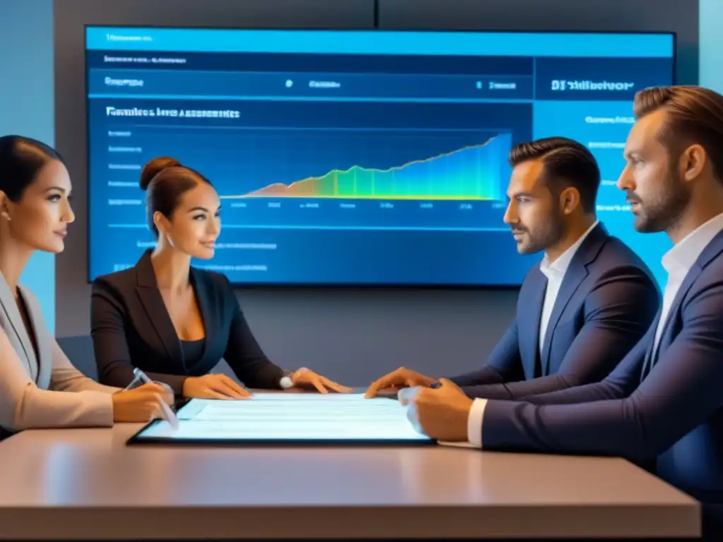 Inversores seguros: Revisión de pólizas en sala high-tech Inversores revisan seguros propiedad en sala futurista, transmitiendo confianza y beneficios seguros a los inversores