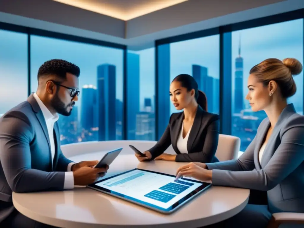 Inversores analizando datos financieros en sala de juntas futurista Inversores serios revisan documentos financieros en una sala hightech