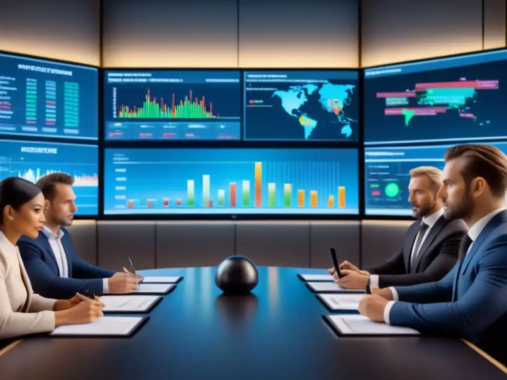 Inversores serios en moderna sala de juntas, analizando gráficos financieros en pantallas de alta tecnología