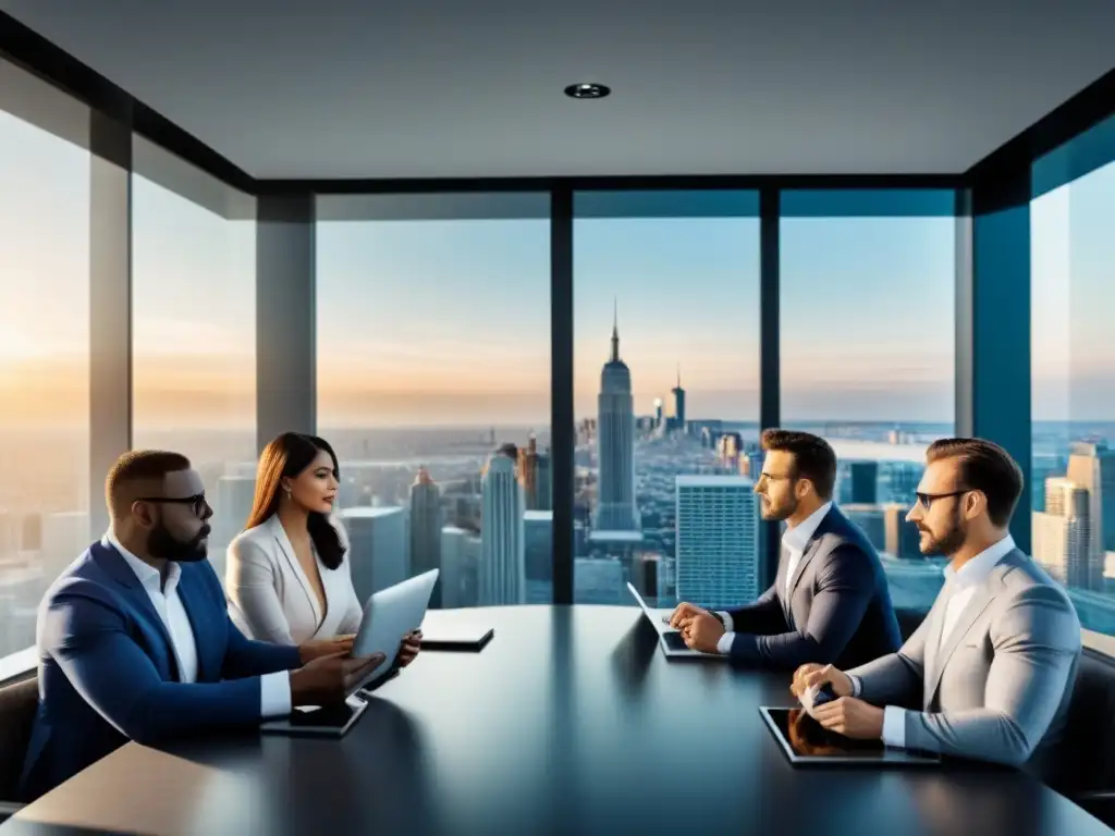 Inversores inmobiliarios expertos analizan seguros y impuestos en moderna sala de reuniones Inversores serios discuten seguros de propiedad en moderna sala de juntas con vista urbana